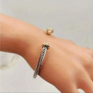 Women’s Silver Cable Cuff Bracelet Pearl Gold Crystal End Open Bangle